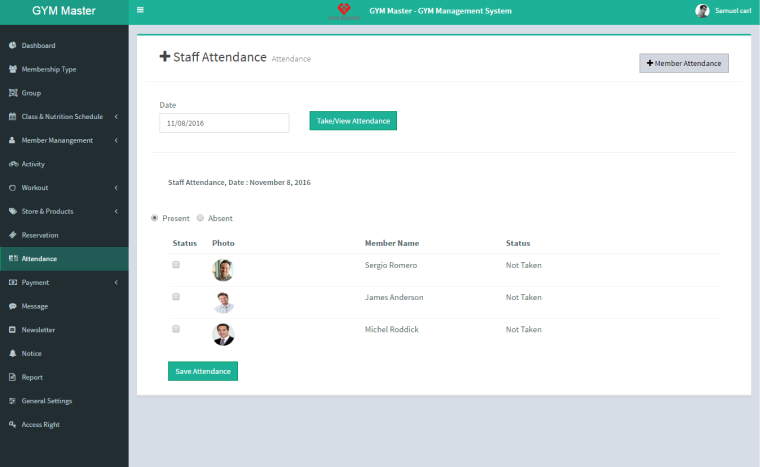 Gym attendance management app